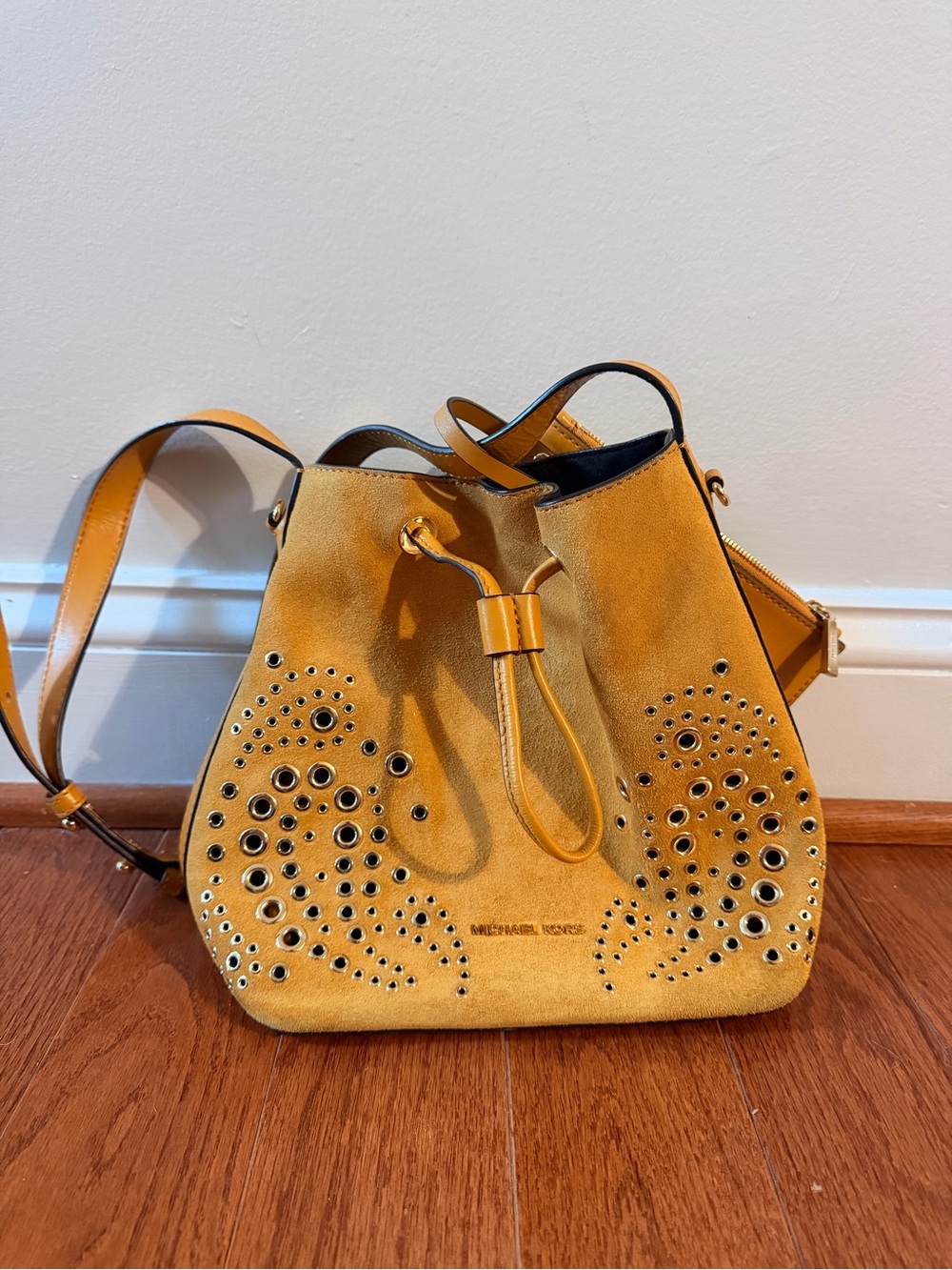 Michael Kors Cary Small Bucket Bag in Marigold Yellow Suede with COA - Picture 5 of 7